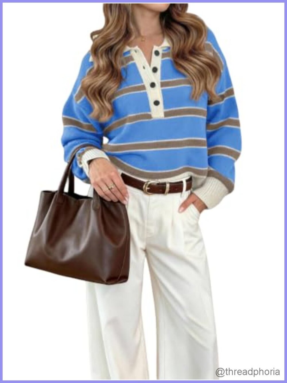 Striped Rugby Sweater Women Button Front Collar Cozy Knit Pullover
